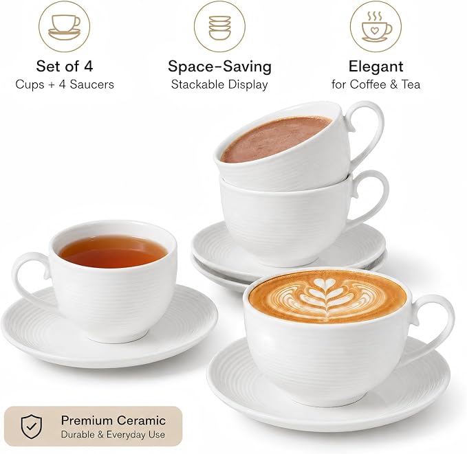Porcelain Cappuccino Cups with Saucers, 4-Piece Coffee Cup Set | Glossy - Image 4
