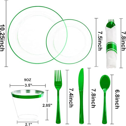 SUT 175 Pcs Green and Clear Plastic Dinnerware Set - Image 3