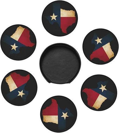 Texas Flag Coasters for Drinks with Holder Round Leather Coasters Set of 6 Cups Mugs Mat Pad for Home Kitchen Bar
