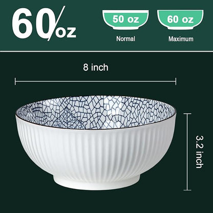 QINLANG Large Soup Bowls, Pho & Ramen Set of 3, 60 oz Blue & White Porcelain - Leaf Pattern
