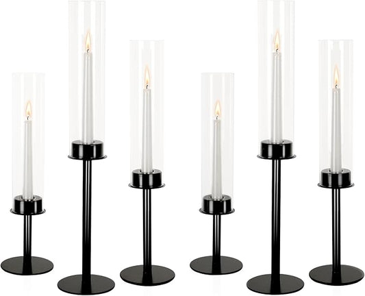 Hurricane Candle Holders Set of 6 Metal Candlestick Holder for Glass Taper Tall Candle Holders with Crystal Chimney Tube Candles Stands for Home Decor, Christmas, Dinning (6, Black)