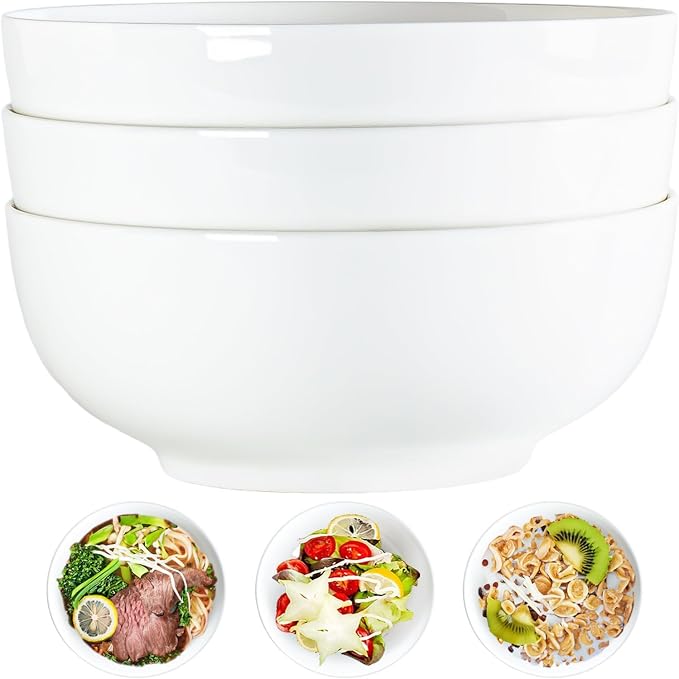 60 oz Large Soup, and Salad Bowl Set of 3, 8 in White Ceramic Bowls, Versatile by Unknown