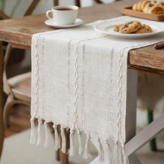 Boho Table Runner with Hand Tassels, Rustic Handwoven with Texture Fringe Table by EphyrosaHome
