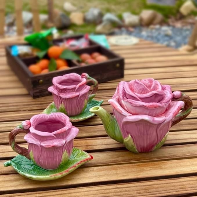 Ceramic Rose Tea Pot Set, 3D Hand-painted Rose Red Flower Cup and Green Leaves - Image 2