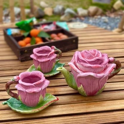 Ceramic Rose Tea Pot Set, 3D Hand-painted Rose Red Flower Cup and Green Leaves - Image 2
