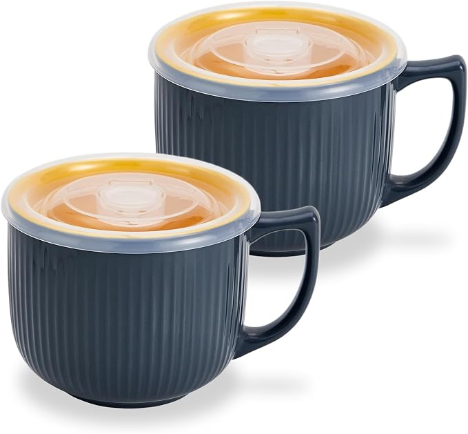 Ceramic Soup Bowl with Handle & Lid, 32oz Microwave Ramen Bowl Set of 2 | Gray by Hoilse