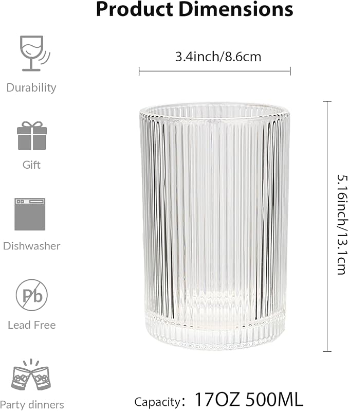Set of 6 Large capacity Ribbed Glassware, 17oz Vintage Clear Glass Tumbler - Image 3