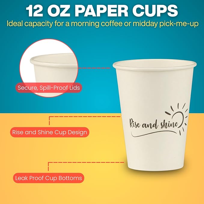 Disposable Coffee Cups, To Go Paper Hot Cups, Rise and Shine Design - Image 5