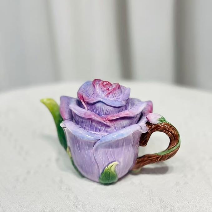 Ceramic Rose Tea Pot Set, 3D Hand-painted Rose Flower Cup and Green Leaves - Image 5