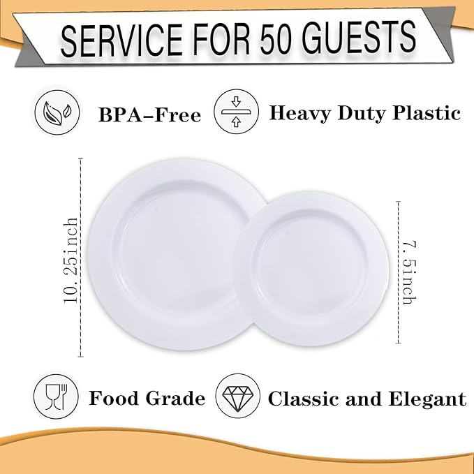 FLOWERCAT 100PCS White Plastic Plates-Heavy Duty White Disposable Plates for Christmas/Easter/Party/Wedding -Serve 50 guests 10.25inch & 7.5inch
