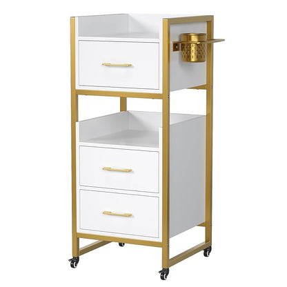 OmySalon Salon Trolley Cart, Hair Styling Station with 3 Drawers, 2 Open Shelf & Tool Holders, Mobile Barber Storage Cabinet Utility Trolley for Beauty Salon Spa,White