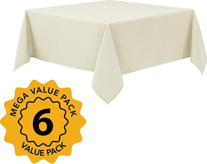 6-Pack Ivory Tablecloths for Square Tables, 54 x 54 Inches, Stain-Resistant Polyester Fabric for 2 Foot Tables - Washable Table Covers for Weddings, Banquets, Birthday Parties, Events