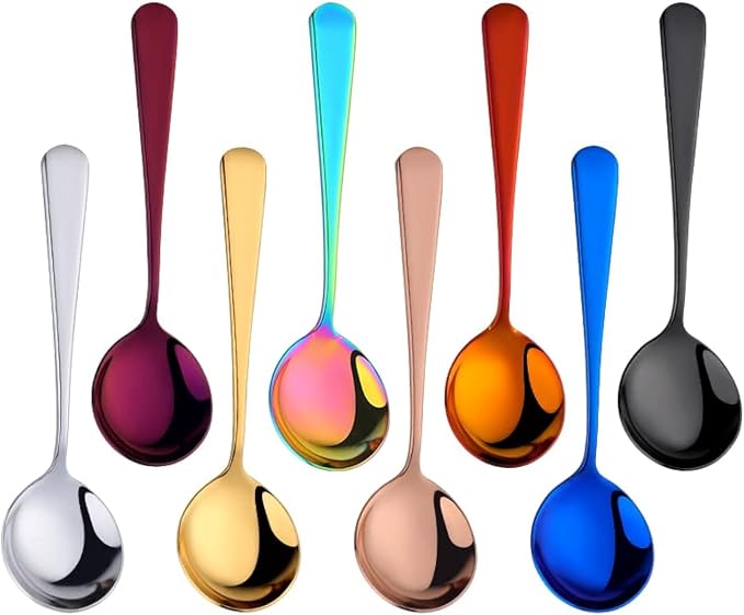 Broth Round Spoon Set, 8-Piece Reusable Stainless Steel Dinner Table Cereal by BISDARUN