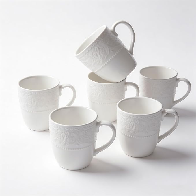 Porcelain Mug Set of 6, 12 oz White Coffee Cups | Relief sculpture bone design; by Unknown