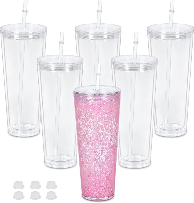 24 Oz Acrylic Snowglobe Tumbler, 6 Pack Pre-Drilled Double Wall Acrylic Clear by Maucircol