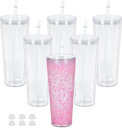 24 Oz Acrylic Snowglobe Tumbler, 6 Pack Pre-Drilled Double Wall Acrylic Clear by Maucircol