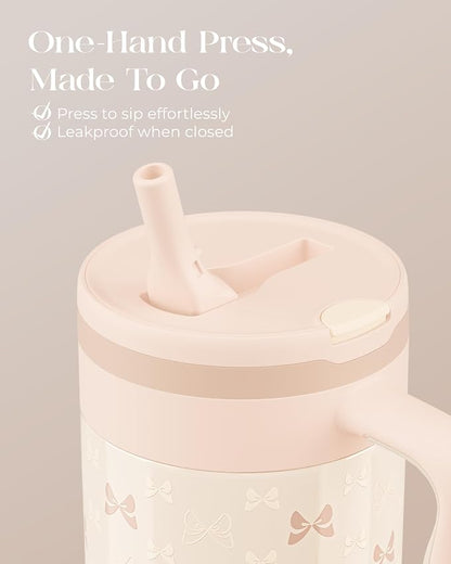 40 oz Insulated Tumbler with Handle and Push-Button Straw Lid, Stainless Steel - Image 3
