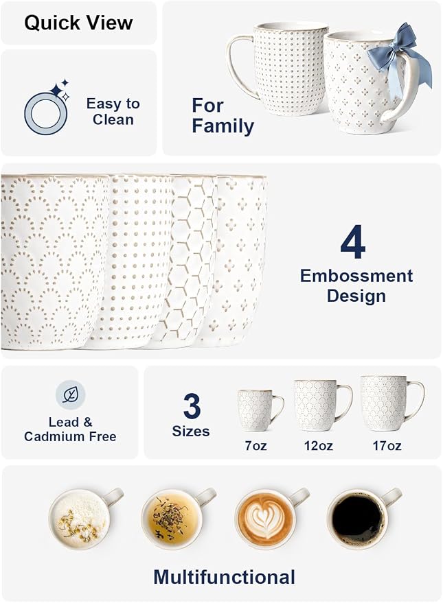 LE TAUCI Coffee Mugs 12 oz, Ceramic Mug Set Set of 4, Embossment Cups - Image 5