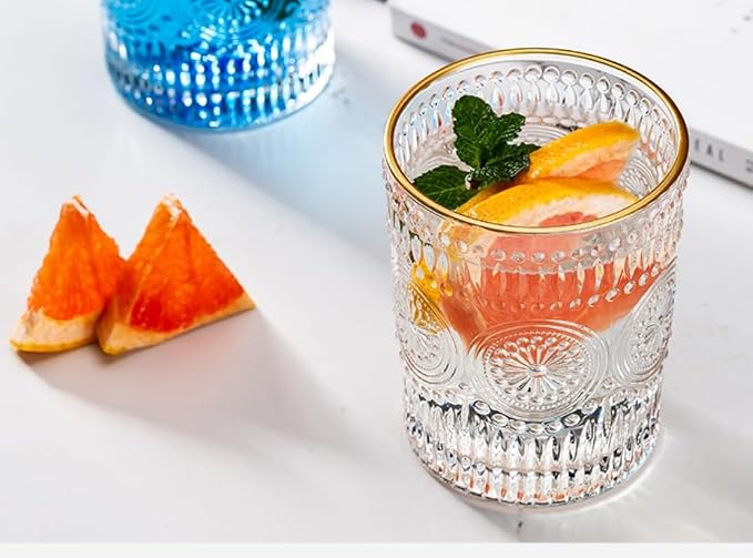 2 Pack 10 OZ Cute Embossed Glass Cup Vintage Drinking Glasses | Thick - Image 6
