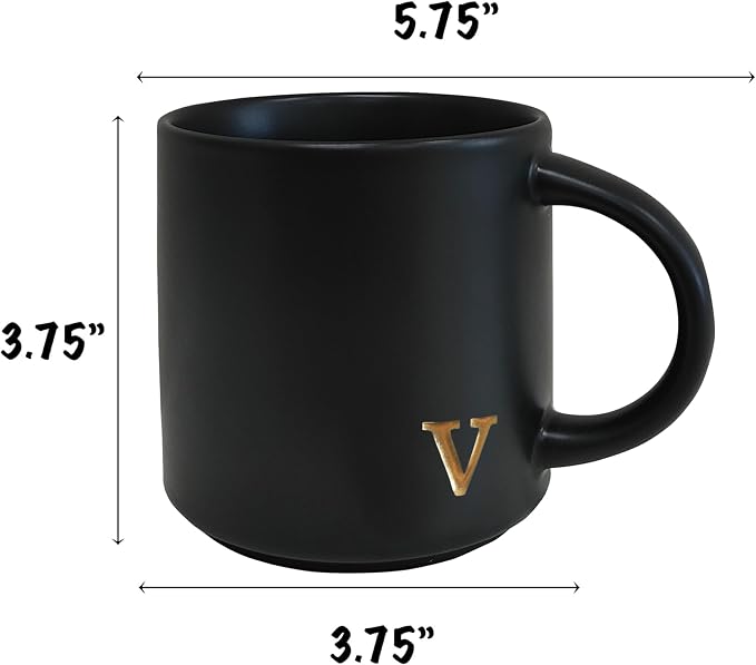COLLECTIVE HOME Black Ceramic Coffee Mug, 15 oz Golden Monogram Tea Cup | - Image 4