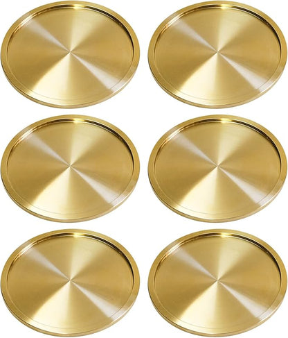 Heavy Brass Coasters for Drinks (6-Pack) - Solid Bronze Gold Coasters - Classy MCM Style Premium Coaster Set - 5 Star Hotel Table & Bar - Board Room Elegant Copper Cup Holder - L