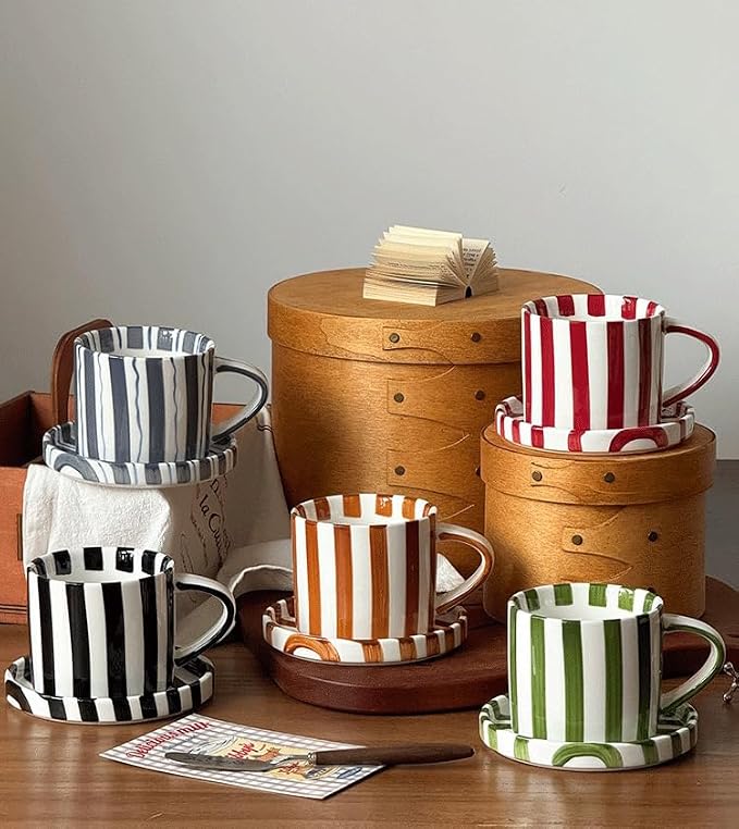 Cup and Saucer Set Hand-Painted Black Stripes, 8 Oz Ceramic Coffee Mug - Image 5