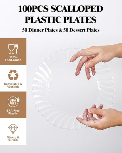 YOUBET 100PCS Clear Scalloped Plastic Plates - Image 5