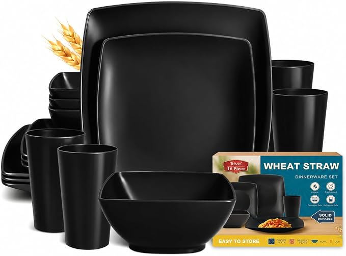 Teivio 16-piece Plastic Wheat Straw Square Dinnerware Set by Teivio