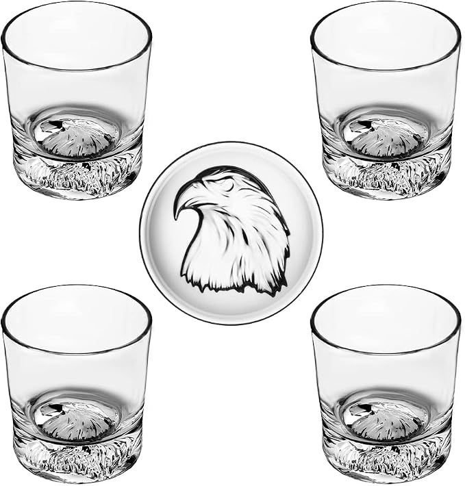 Whiskey Glasses Set of 4 with Eagle Pattern 10 oz Old Fashioned Glasses | Suit by QUEENSTONELEADFREE