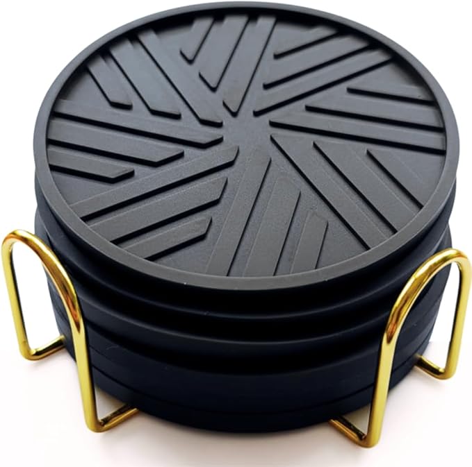 Black Coasters Set of 6 with Gold Holder, Silicone Coffee Mat Style Cup by Angardy+Homeware