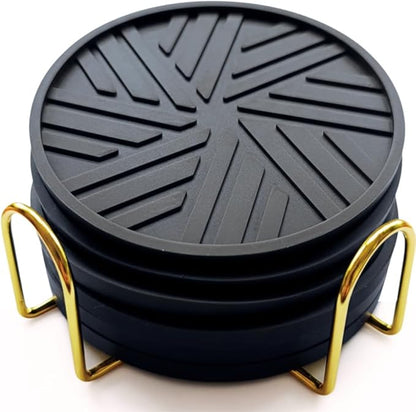 Black Coasters Set of 6 with Gold Holder, Silicone Coffee Mat Style Cup by Angardy+Homeware