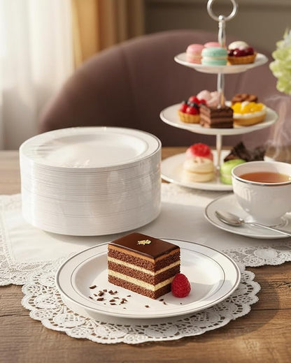 bUCLA 100Pieces Silver Plastic Plates - 6.25inch White with Silver Rim Disposable Salad/Dessert/Appetizer/Small Cake Plates for Weddings, Parties&Gathering
