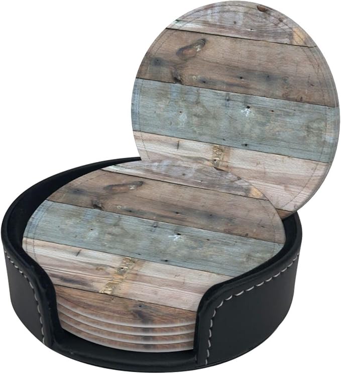 6 Pcs Rustic Wooden Vintage Western Country Blue Gray Leather Coasters - Image 3