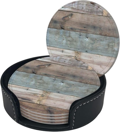 6 Pcs Rustic Wooden Vintage Western Country Blue Gray Leather Coasters - Image 3