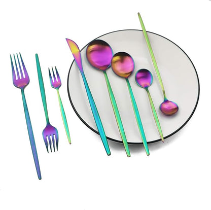 JASHII 32-Piece Tableware Set Stainless Steel Flatware Set with Coffee Spoon Long Handle Spoon Premium Cutlery Service for 4 Satin Finish Utensils for Home (Rainbow)