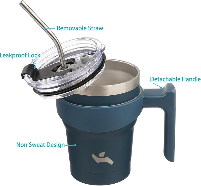 Konokyo 10 oz Tumbler with Handle and Straw, Insulated Travel Mug | Navy Blue; - Image 2