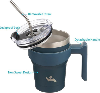 Konokyo 10 oz Tumbler with Handle and Straw, Insulated Travel Mug | Navy Blue; - Image 2
