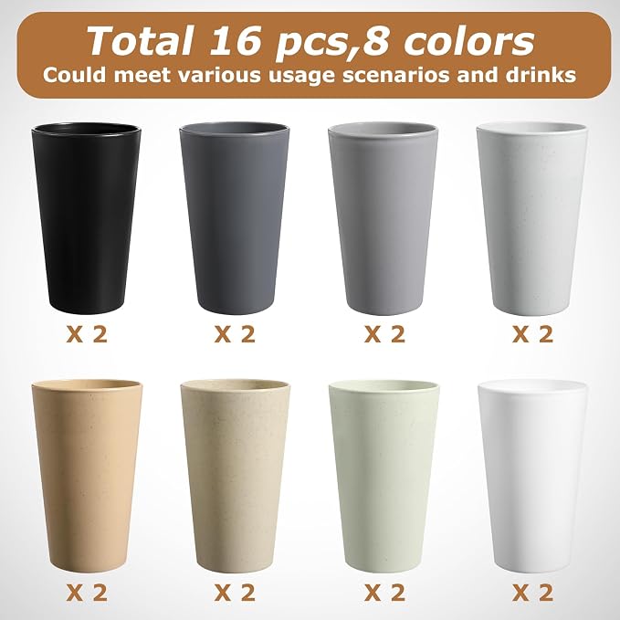 HEYCOME Set of 16 Wheat Straw Cups, Reusable Plastic Cups Sets, Water Glasses - Image 3
