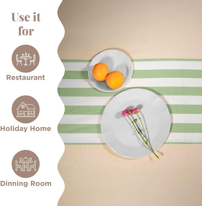 Folkulture Fall Table Runner 108 inches Long | White & Green Striped | Table - Image 6
