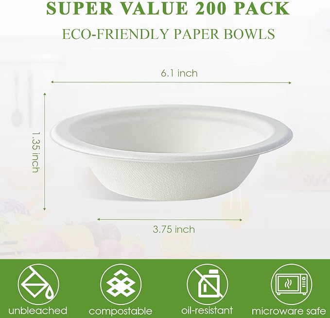 Vplus 200 Pack 12 OZ Compostable Paper Bowls, Bagasse Bowls，White | Disposable - Image 3