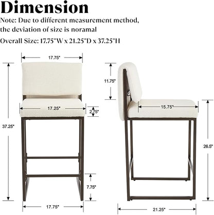 Modern Barstools Set of 2, 26” Upholstered Counter Height Bar Stools Sherpa Fabric Counter Stools with Padded Back Metal Frame for Kitchen Island Dining Room, White