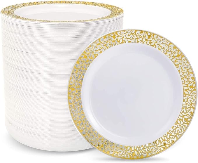 100pcs Gold and White Plates, Heavy Duty Disposable Wedding Plates | elegant by supernal