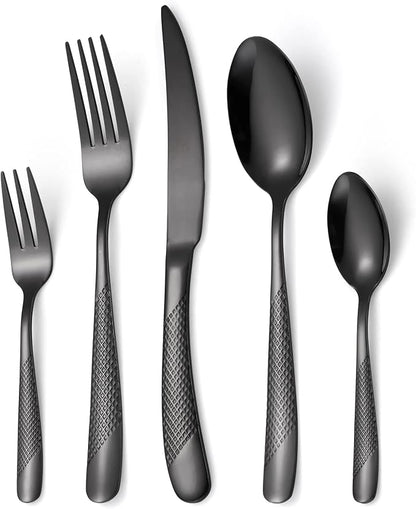 20-Piece ​Modern Black Hammered Silverware Set, 18/10 Stainless Steel Flatware by MetalServingUtensils