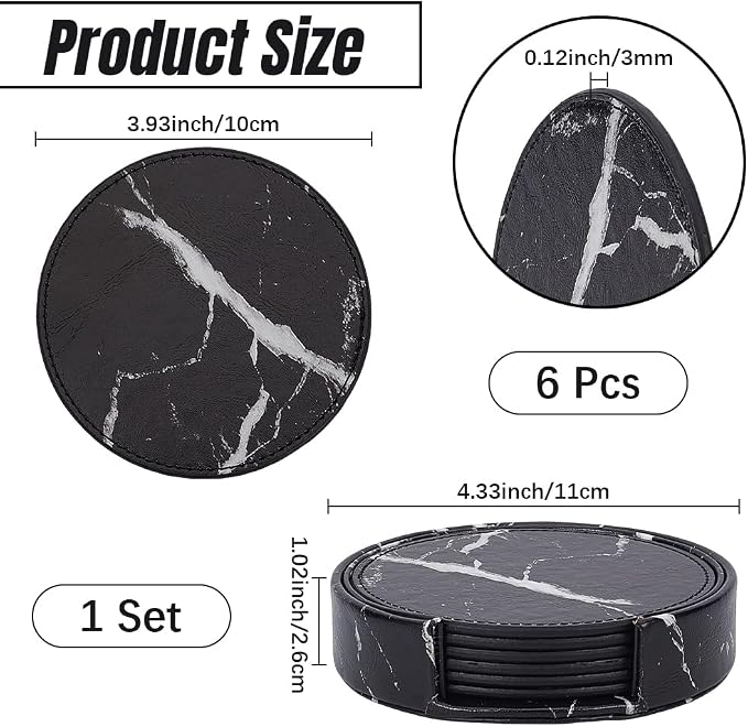 6PCS 4 Inch Black Marble PU Leather Round Cup Holders Coasters - Image 2