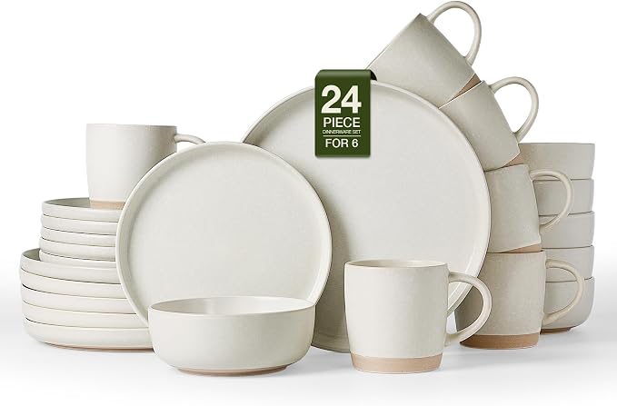 Famiware Milkyway 24-Piece Stoneware Plates and Bowls, Matte Beige White | by Famiware