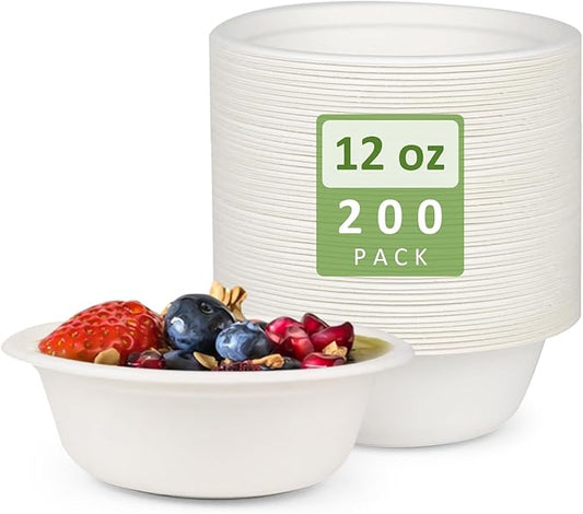 Paper Bowls, 200 Pack 12 Oz Paper Bowls Disposable Heavy Duty, Bagasse Hot Soup Bowls Disposable Bowls