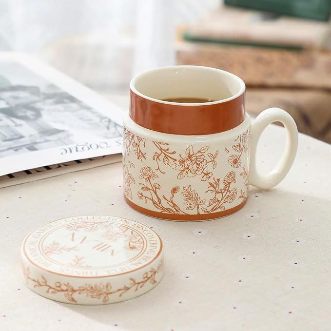 12.9oz Ceramic Coffee Mug with Lid, Flower Patterned Porcelain Mug, Ceramic Tea - Image 5