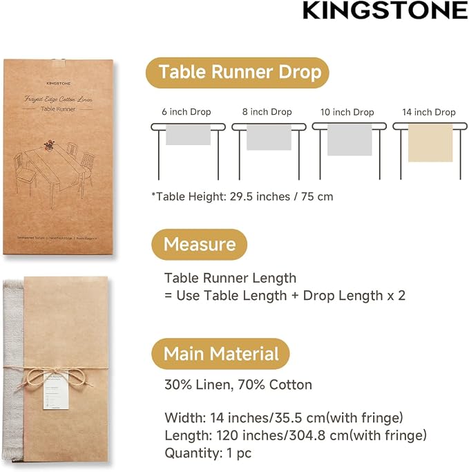 14 x 120 Inches Frayed Edge Table Runner, 270G Heavyweight Sand Washed Slub - Image 2