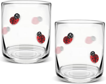 Icon Juice Glasses, 14oz Stemless Wine Drinking Juice Glass Cup for Valentine Party Supplies Gift(2 Pcs,Ladybug)