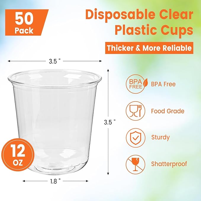 50 x Round Bottom Clear Plastic Cups 12 oz | Disposable Cocktail Cups, Stemless - Image 2